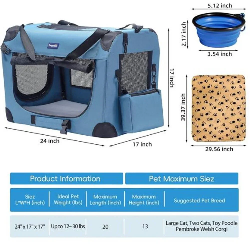 Portable Collapsible Dog Crate, Travel Dog Crate 24x17x17 with Soft Warm Blanket